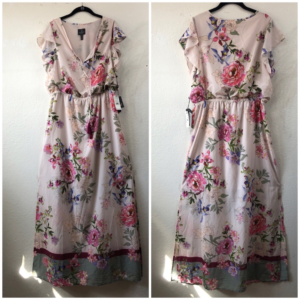 NWT 14 Adrianna Papell Blush Floral Maxi Dress Ruffle Sleeves Side Slits Lined
